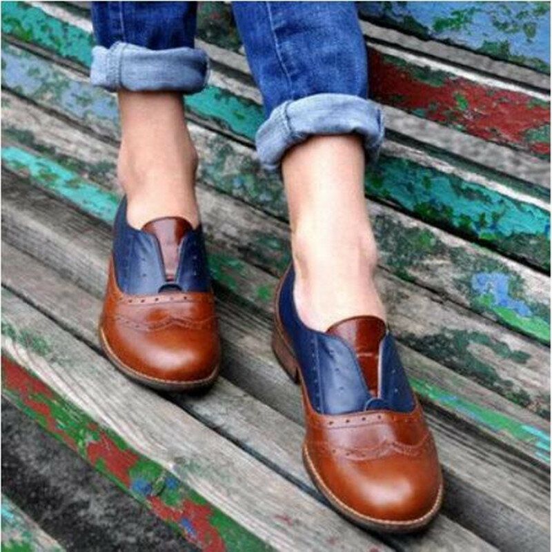 Femmes Couleur Épissage Talon Carré Bout Rond Brogue Oxfords Casual Appartements Mocassins