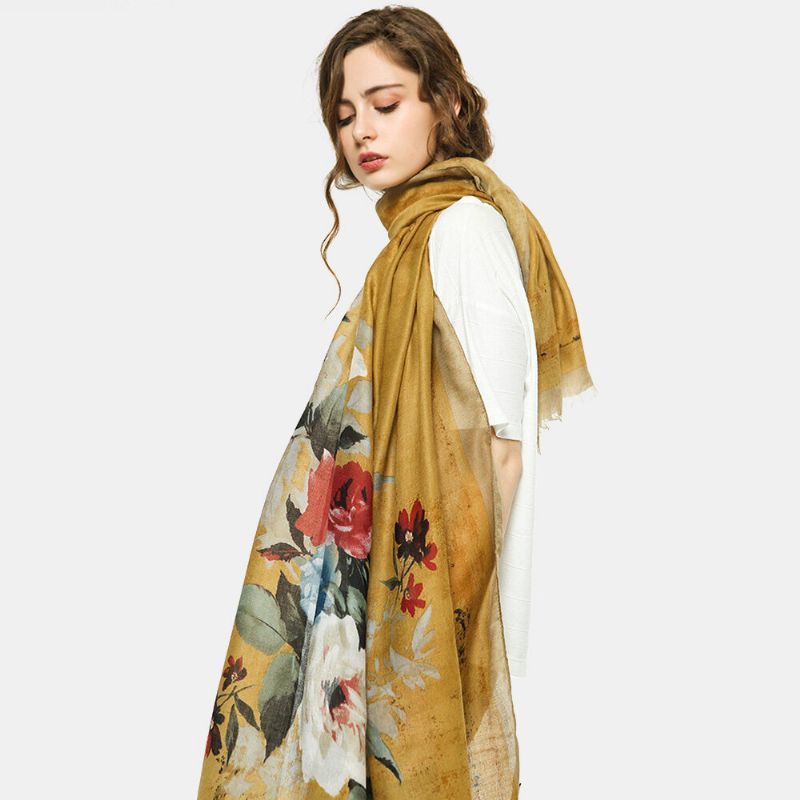 Femmes Couleur Imprimé Fleuri Soie Châles Rétro Mince Doux Super Long Hijab Écharpe Tête Foulards Foulard