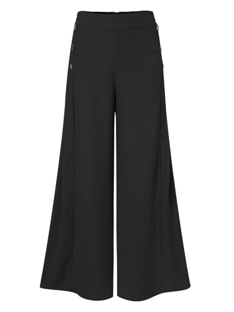 Femmes Couleur Unie Bouton Latéral Taille Élastique Ample Décontracté Pantalon Large Avec Poche