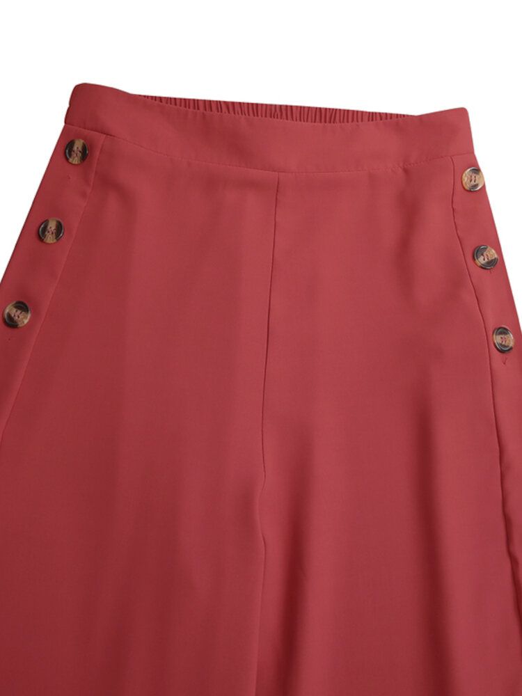 Femmes Couleur Unie Bouton Latéral Taille Élastique Ample Décontracté Pantalon Large Avec Poche