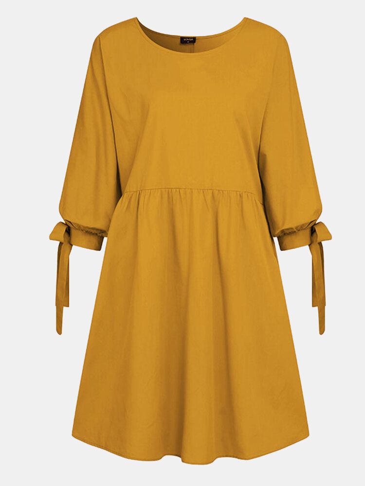 Femmes Couleur Unie Plissée Noué Manches 3/4 O-cou Décontracté Quotidien Lâche Mini Robe