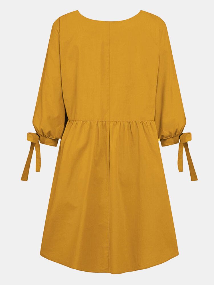 Femmes Couleur Unie Plissée Noué Manches 3/4 O-cou Décontracté Quotidien Lâche Mini Robe