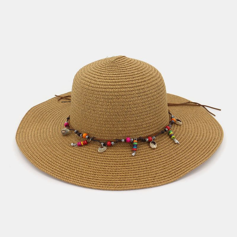 Femmes Crème Solaire Vacances Plage Chapeau De Soleil Pliable Élégant Bord Sauvage Bibelot Chaîne Décoration Chapeau De Paille