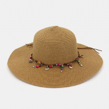 Femmes Crème Solaire Vacances Plage Chapeau De Soleil Pliable Élégant Bord Sauvage Bibelot Chaîne Décoration Chapeau De Paille