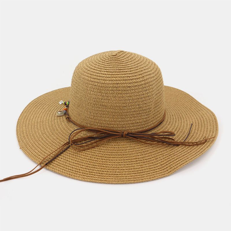 Femmes Crème Solaire Vacances Plage Chapeau De Soleil Pliable Élégant Bord Sauvage Bibelot Chaîne Décoration Chapeau De Paille