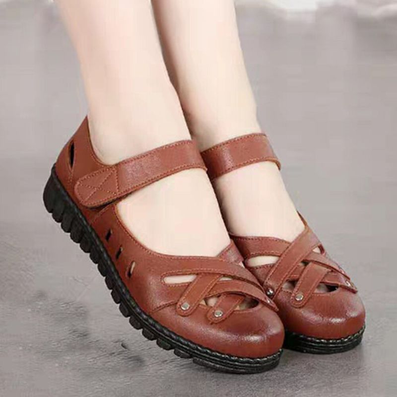 Femmes Cross Hollow-out Soft Sole Anti-dérapant Hook Loop Flat Sandals