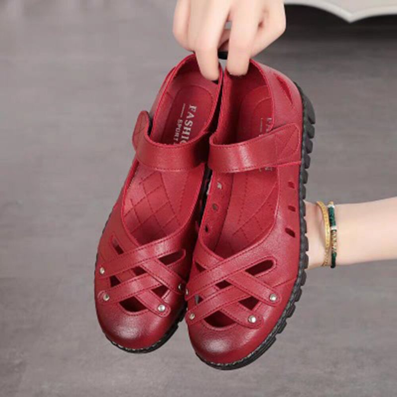 Femmes Cross Hollow-out Soft Sole Anti-dérapant Hook Loop Flat Sandals