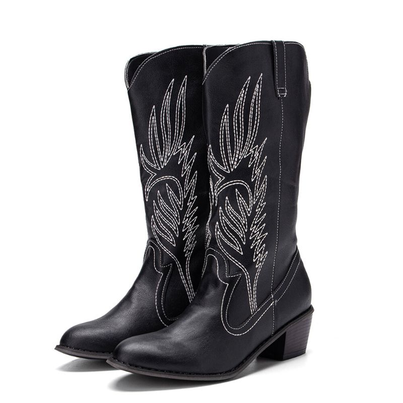 Femmes Cuir Broderie Motif Bout Pointu Chunky Talon À La Mode Chevalier Cowboy Bottes