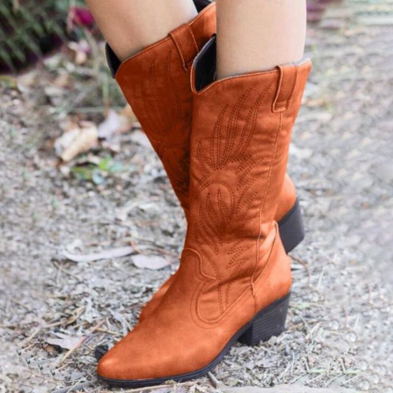 Femmes Cuir Broderie Motif Bout Pointu Chunky Talon À La Mode Chevalier Cowboy Bottes