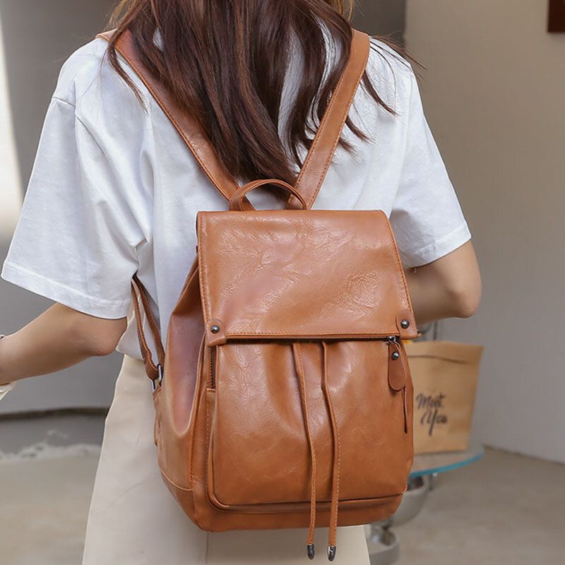 Femmes En Cuir Pu Multi-poches Intérieur Bouton Magnétique Sac À Dos Vintage Simple Cordon Moraillon Sac Pour Ordinateur Portable