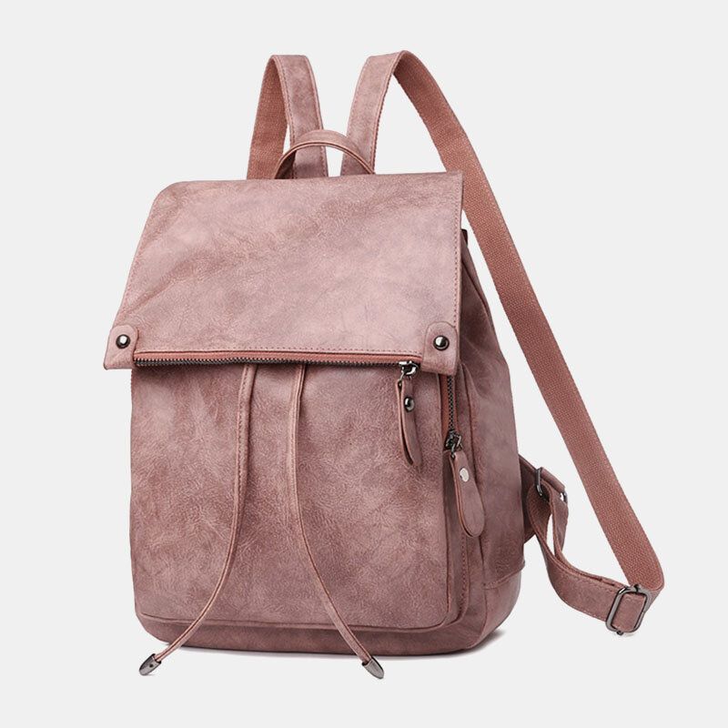 Femmes En Cuir Pu Multi-poches Intérieur Bouton Magnétique Sac À Dos Vintage Simple Cordon Moraillon Sac Pour Ordinateur Portable