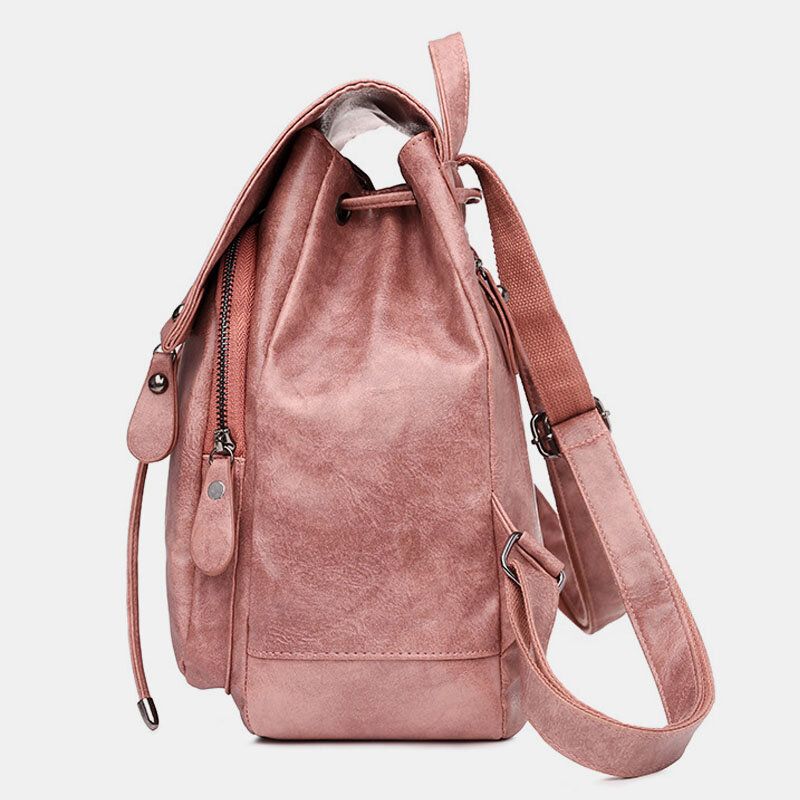 Femmes En Cuir Pu Multi-poches Intérieur Bouton Magnétique Sac À Dos Vintage Simple Cordon Moraillon Sac Pour Ordinateur Portable