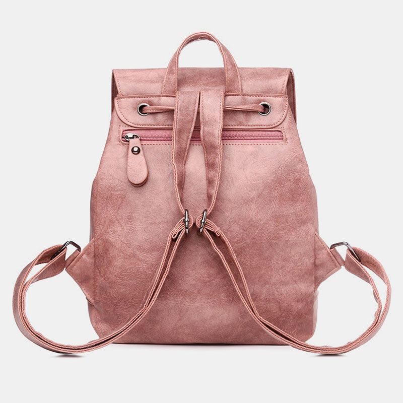 Femmes En Cuir Pu Multi-poches Intérieur Bouton Magnétique Sac À Dos Vintage Simple Cordon Moraillon Sac Pour Ordinateur Portable