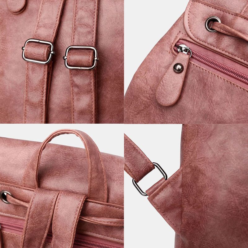 Femmes En Cuir Pu Multi-poches Intérieur Bouton Magnétique Sac À Dos Vintage Simple Cordon Moraillon Sac Pour Ordinateur Portable