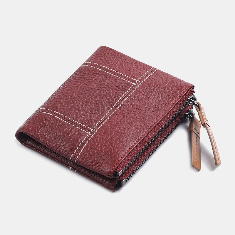 Femmes En Cuir Véritable Bifold Moraillon Fermeture Éclair Court Multi-cartes Fentes Porte-monnaie Pince À Billets Portefeuille