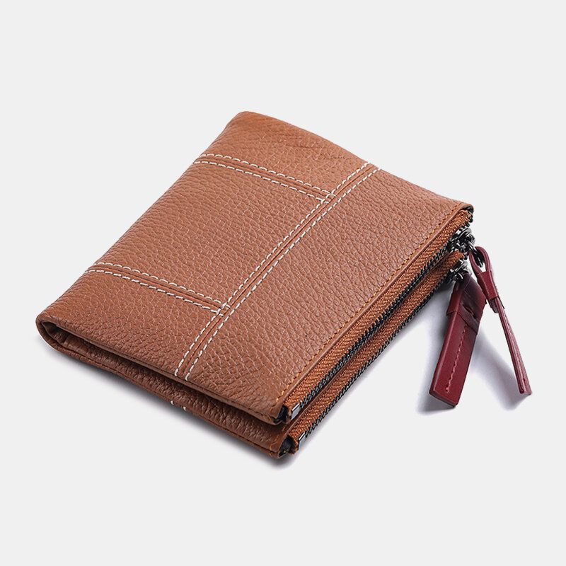 Femmes En Cuir Véritable Bifold Moraillon Fermeture Éclair Court Multi-cartes Fentes Porte-monnaie Pince À Billets Portefeuille