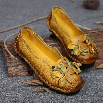 Femmes En Cuir Véritable Fait À La Main Décoration Fleurs Vintage Sans Lacet Appartements Mocassins