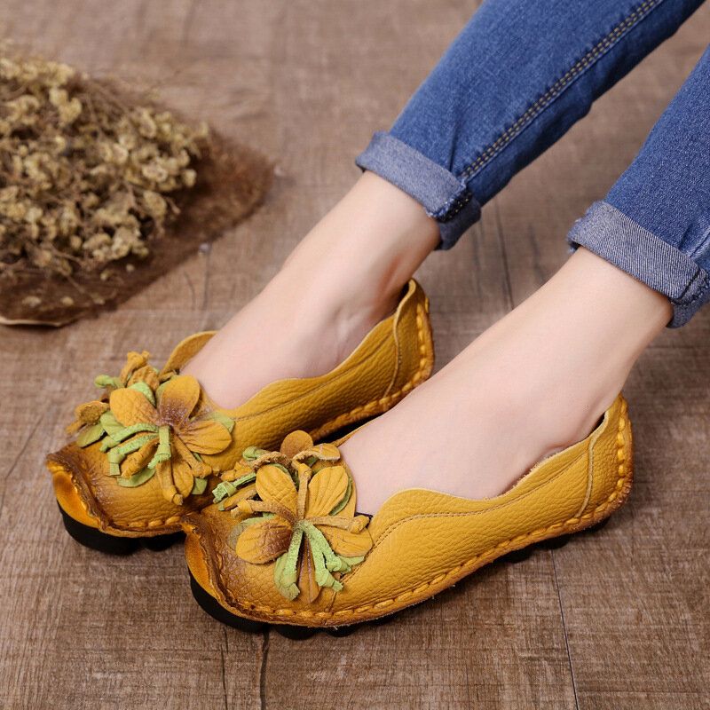 Femmes En Cuir Véritable Fait À La Main Décoration Fleurs Vintage Sans Lacet Appartements Mocassins