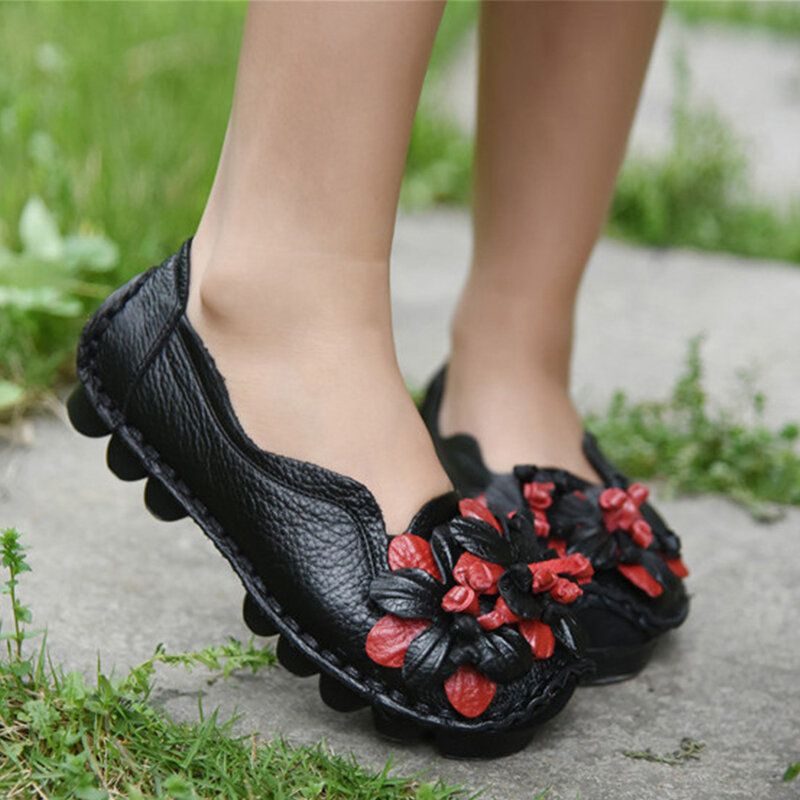 Femmes En Cuir Véritable Fait À La Main Décoration Fleurs Vintage Sans Lacet Appartements Mocassins