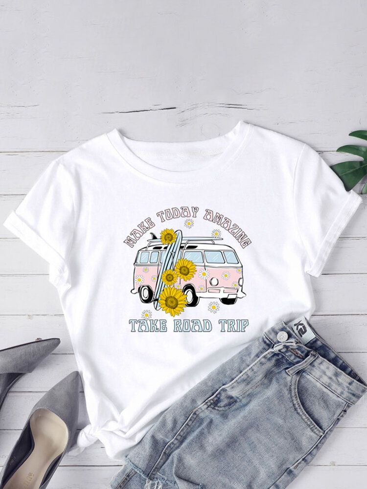 Femmes Daisy Car Slogan Imprimer O-cou Casual T-shirts À Manches Courtes