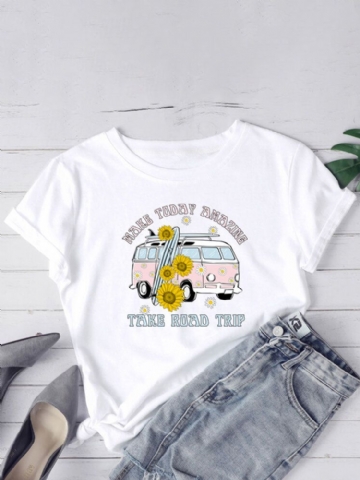 Femmes Daisy Car Slogan Imprimer O-cou Casual T-shirts À Manches Courtes