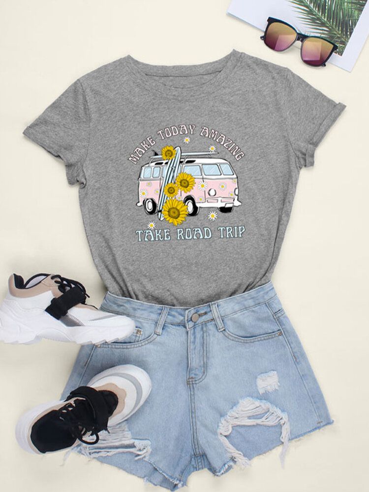 Femmes Daisy Car Slogan Imprimer O-cou Casual T-shirts À Manches Courtes