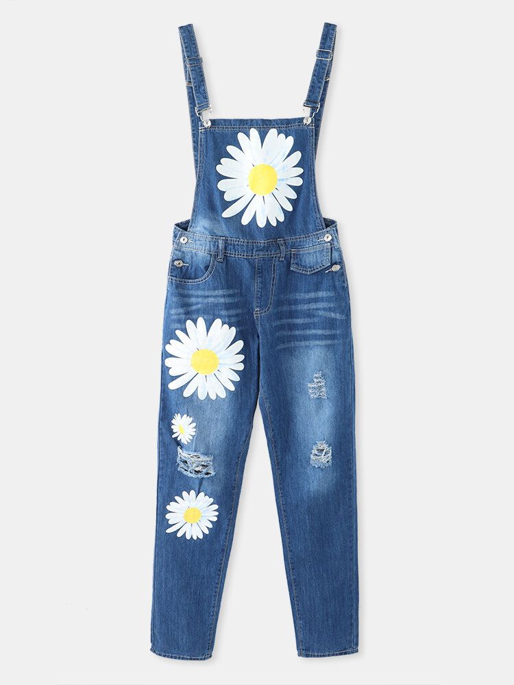 Femmes Daisy Motif Imprimer Bretelles Déchiré Casual Élégant Denim Jumpsuit