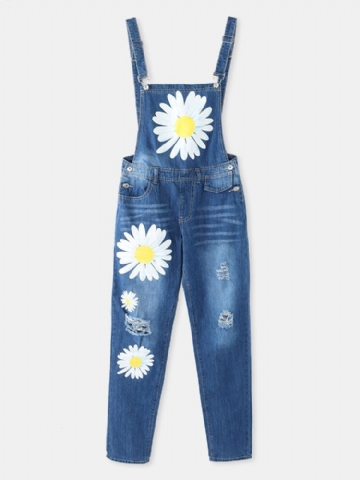 Femmes Daisy Motif Imprimer Bretelles Déchiré Casual Élégant Denim Jumpsuit