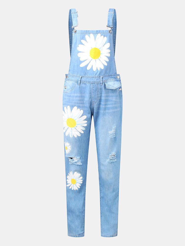 Femmes Daisy Motif Imprimer Bretelles Déchiré Casual Élégant Denim Jumpsuit