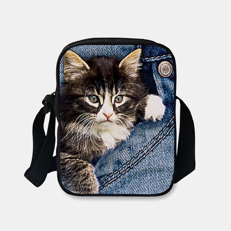 Femmes Denim 3d Tridimensionnel Animal Créatif Dessin Animé Mignon Impression Chat Décontracté Téléphone Sac Taille Sac Bandoulière Sac