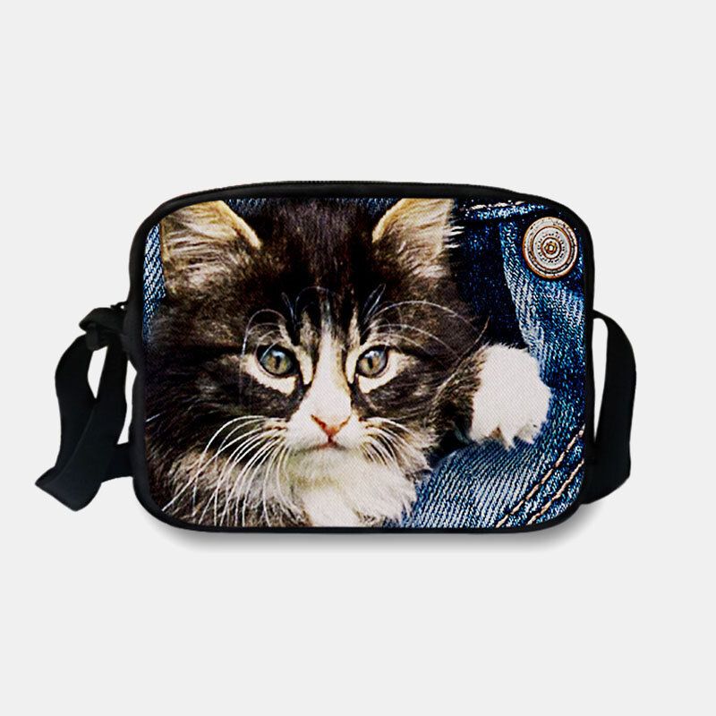 Femmes Denim 3d Tridimensionnel Animal Créatif Dessin Animé Mignon Impression Chat Décontracté Téléphone Sac Taille Sac Bandoulière Sac