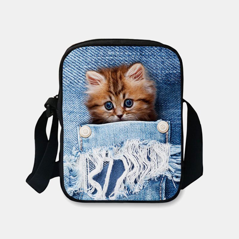 Femmes Denim 3d Tridimensionnel Animal Créatif Dessin Animé Mignon Impression Chat Décontracté Téléphone Sac Taille Sac Bandoulière Sac