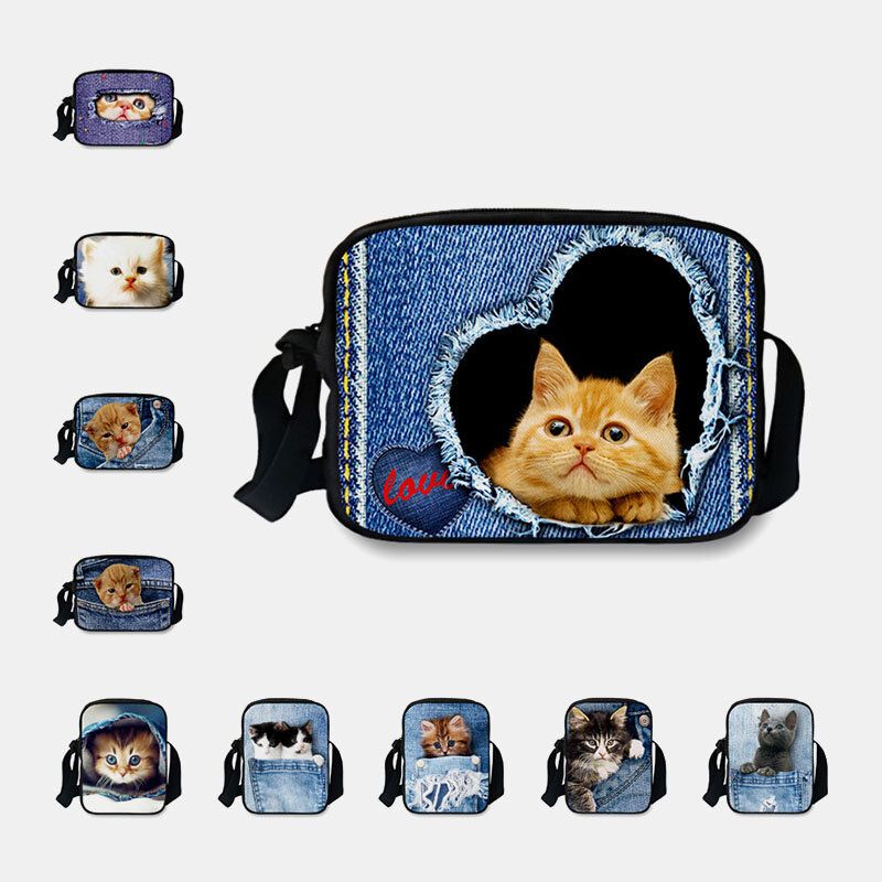 Femmes Denim 3d Tridimensionnel Animal Créatif Dessin Animé Mignon Impression Chat Décontracté Téléphone Sac Taille Sac Bandoulière Sac