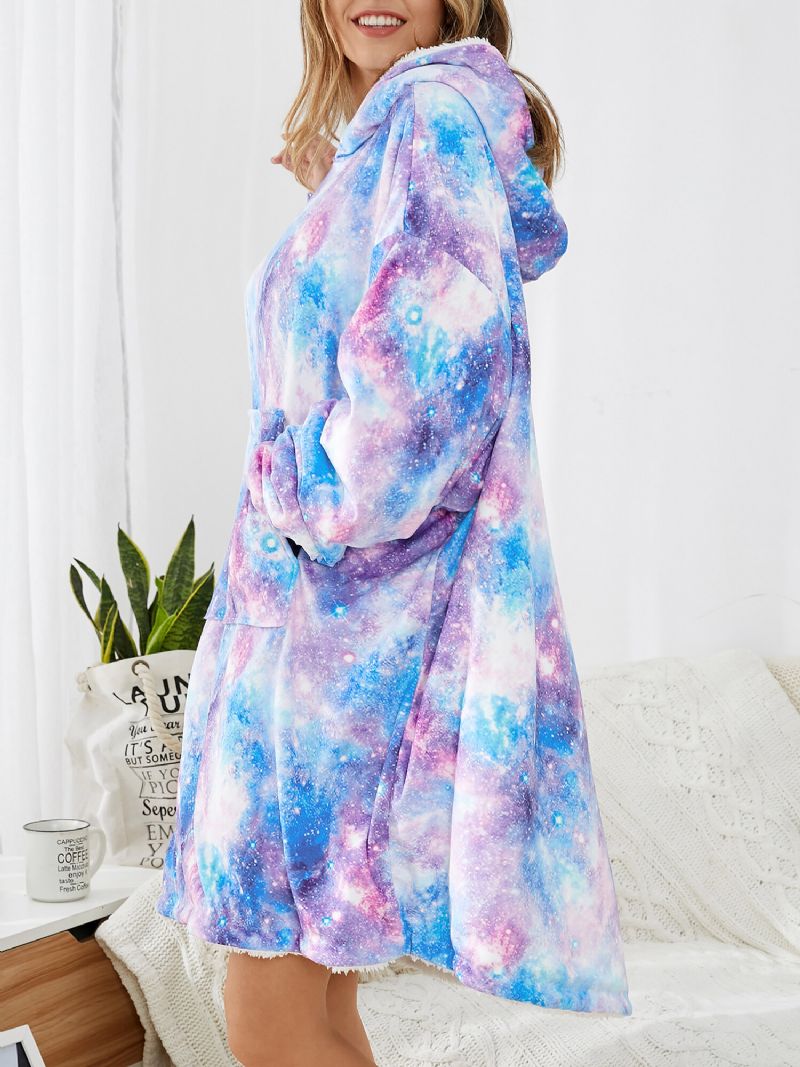 Femmes Design Ciel Étoilé Tie Dye Imprimer Surdimensionné Réversible Homewear Doublé Polaire Couverture Réversible À Capuche Avec Poche Poche