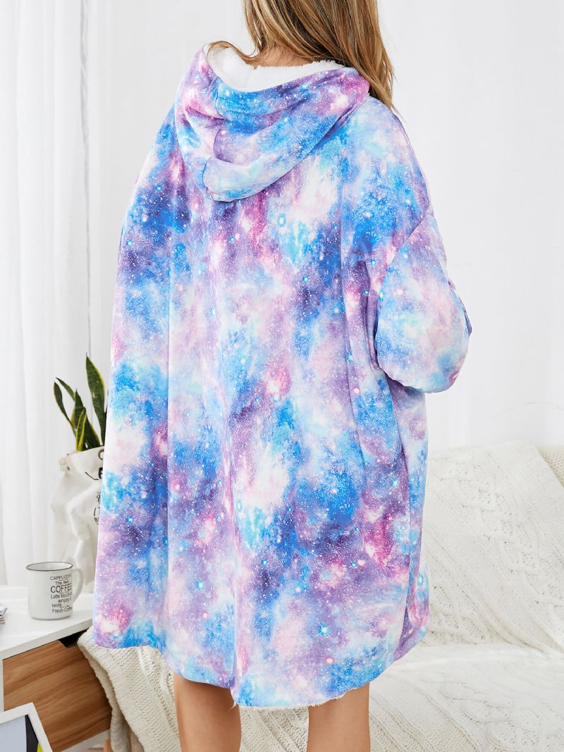 Femmes Design Ciel Étoilé Tie Dye Imprimer Surdimensionné Réversible Homewear Doublé Polaire Couverture Réversible À Capuche Avec Poche Poche