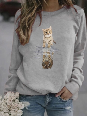 Femmes Dessin Animé Animal Chat Imprimé Pull À Manches Longues Mignon Sweats