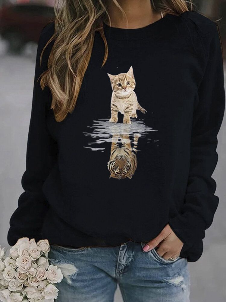 Femmes Dessin Animé Animal Chat Imprimé Pull À Manches Longues Mignon Sweats