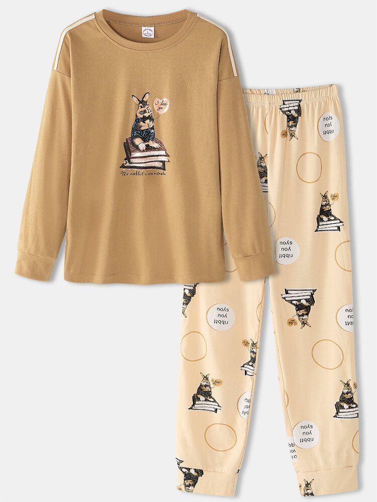 Femmes Dessin Animé Animal Imprimé À Manches Longues Pull Taille Élastique Lettre Pantalon Maison Pyjama Ensemble