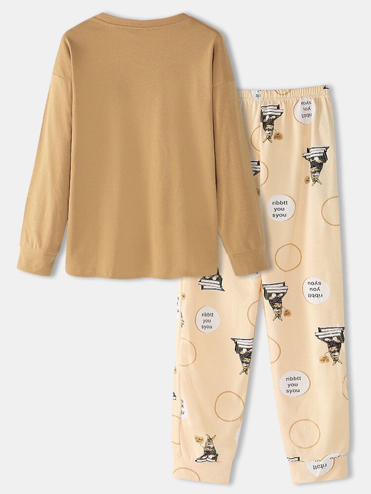 Femmes Dessin Animé Animal Imprimé À Manches Longues Pull Taille Élastique Lettre Pantalon Maison Pyjama Ensemble