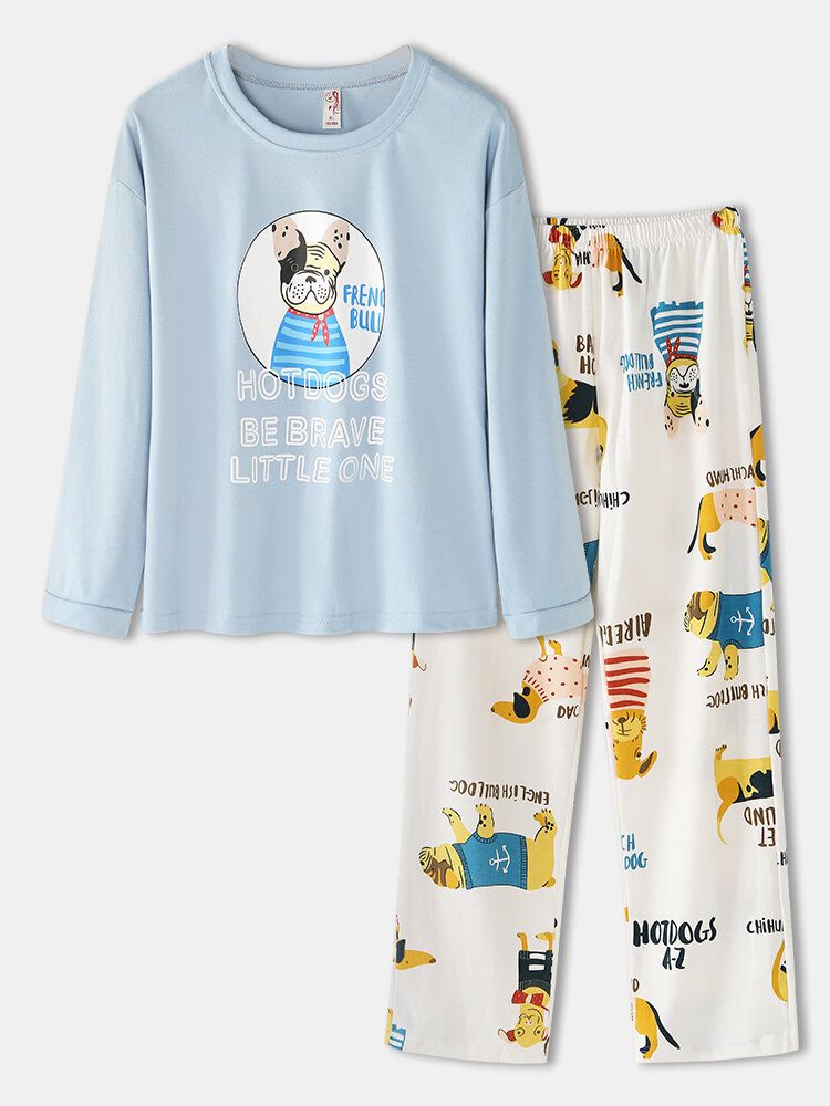 Femmes Dessin Animé Animal Lettre Imprimé Pull Taille Élastique Pantalon Ample Maison Pyjama Ensemble