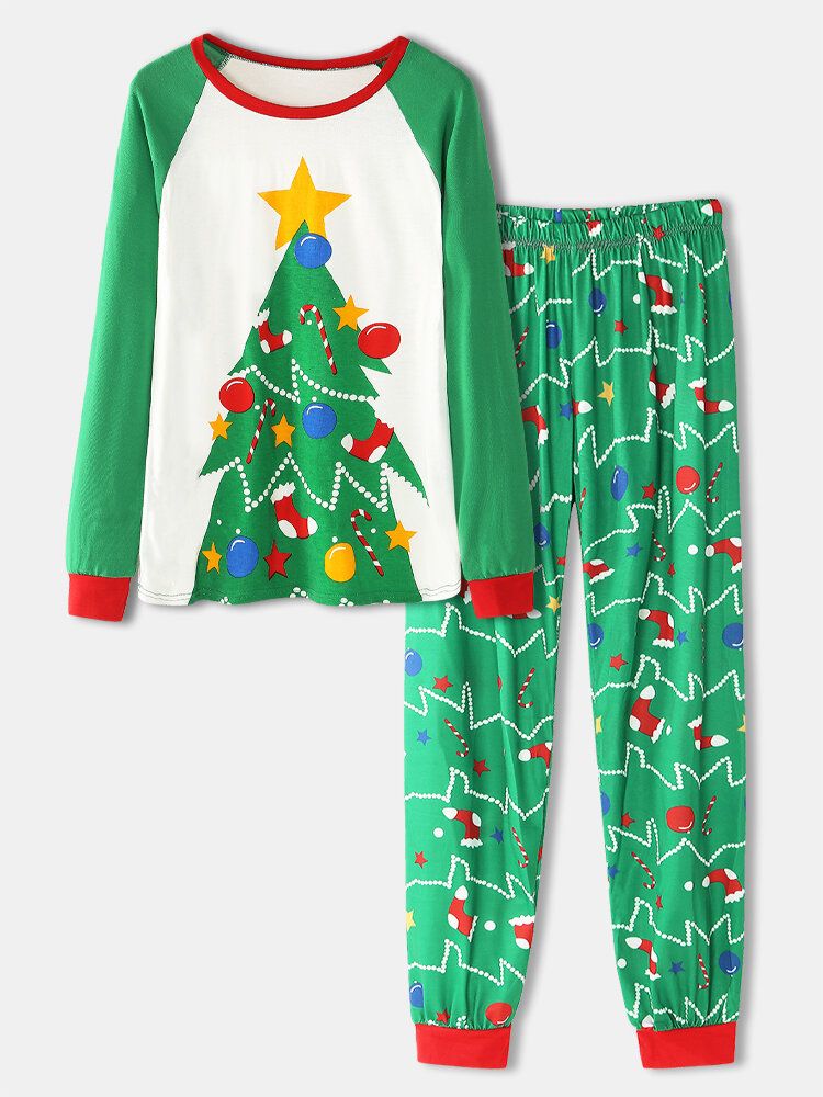 Femmes Dessin Animé Arbre De Noël Imprimé Manches Raglan Sweats Taille Élastique Survêtement Pantalon Maison Pyjama Ensemble