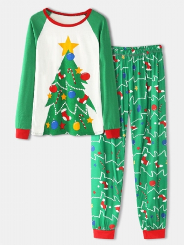 Femmes Dessin Animé Arbre De Noël Imprimé Manches Raglan Sweats Taille Élastique Survêtement Pantalon Maison Pyjama Ensemble