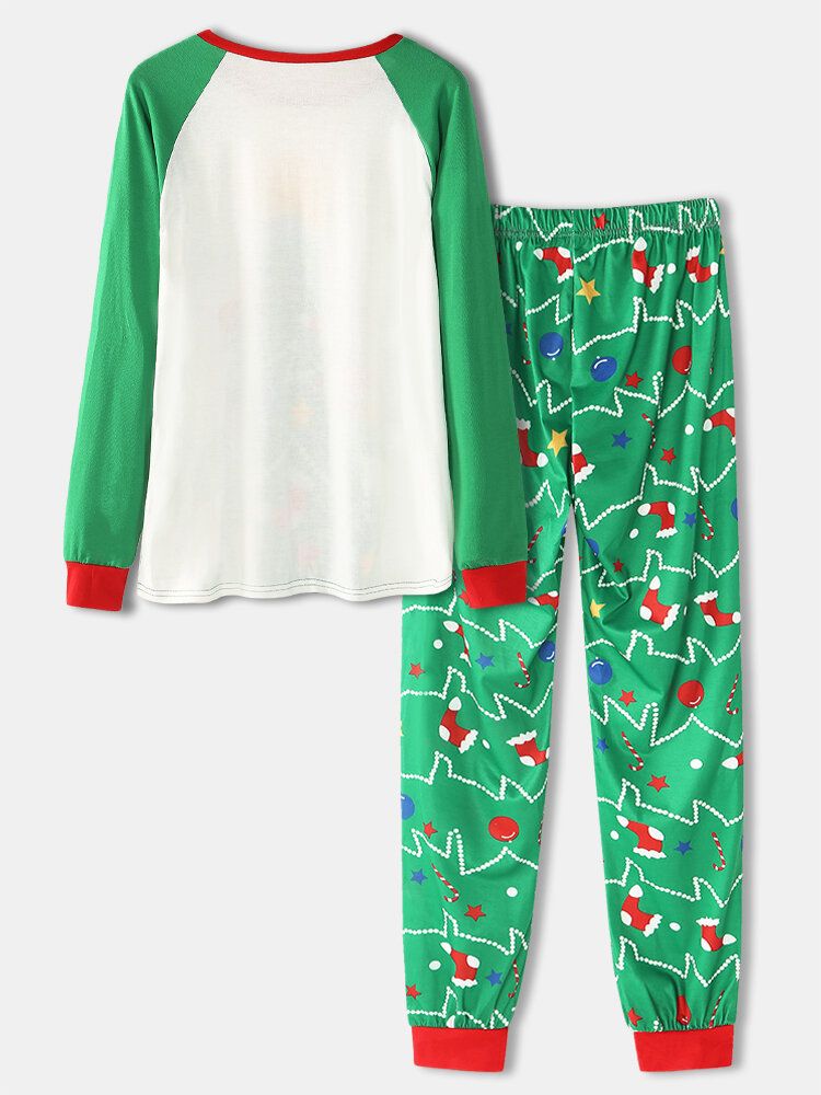 Femmes Dessin Animé Arbre De Noël Imprimé Manches Raglan Sweats Taille Élastique Survêtement Pantalon Maison Pyjama Ensemble