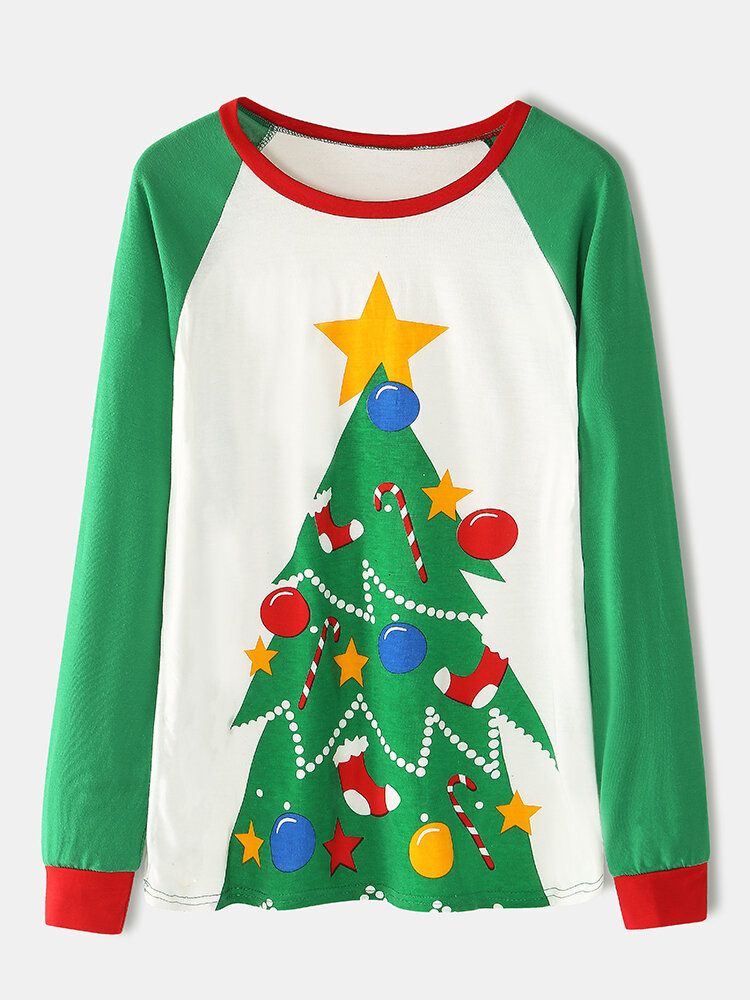 Femmes Dessin Animé Arbre De Noël Imprimé Manches Raglan Sweats Taille Élastique Survêtement Pantalon Maison Pyjama Ensemble