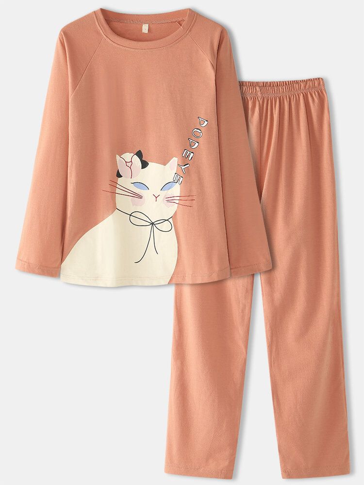 Femmes Dessin Animé Chat Couleur Unie Taille Élastique Pantalon Ample Maison Pyjamas Ensemble