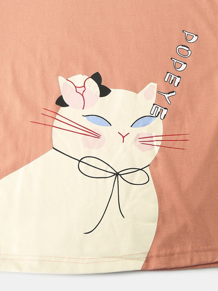 Femmes Dessin Animé Chat Couleur Unie Taille Élastique Pantalon Ample Maison Pyjamas Ensemble