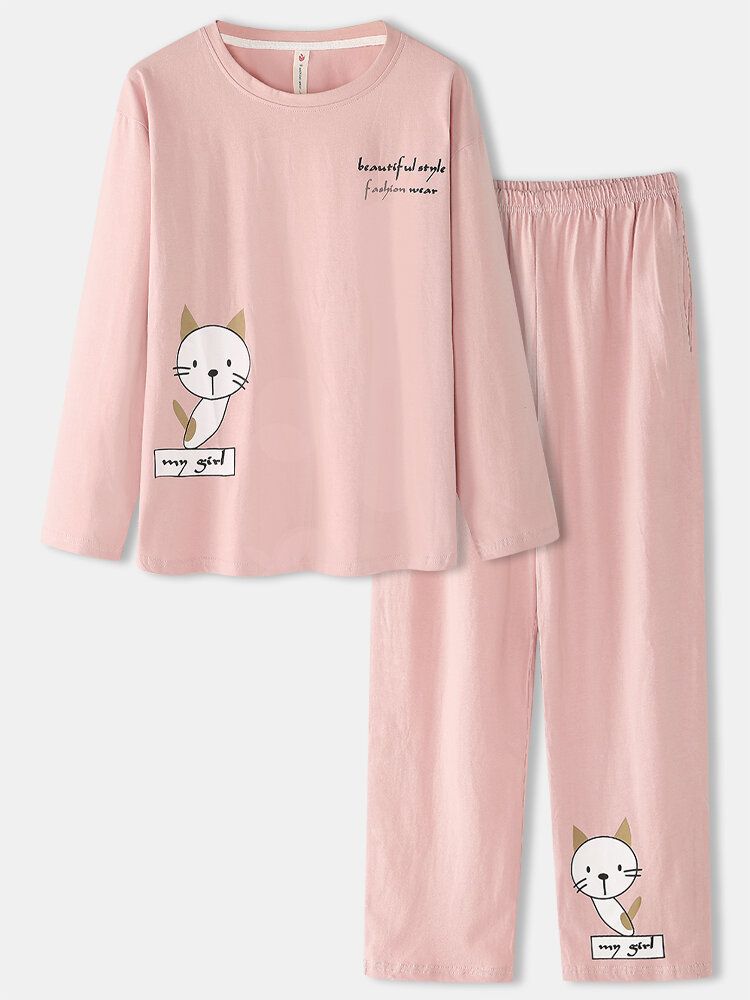 Femmes Dessin Animé Chat Imprimé À Manches Longues Pull Taille Élastique Poche Pantalon Rose Maison Pyjama Ensemble