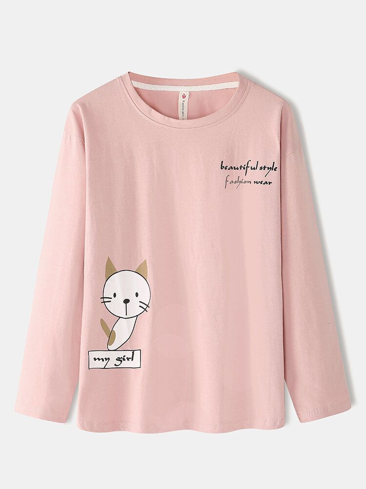 Femmes Dessin Animé Chat Imprimé À Manches Longues Pull Taille Élastique Poche Pantalon Rose Maison Pyjama Ensemble