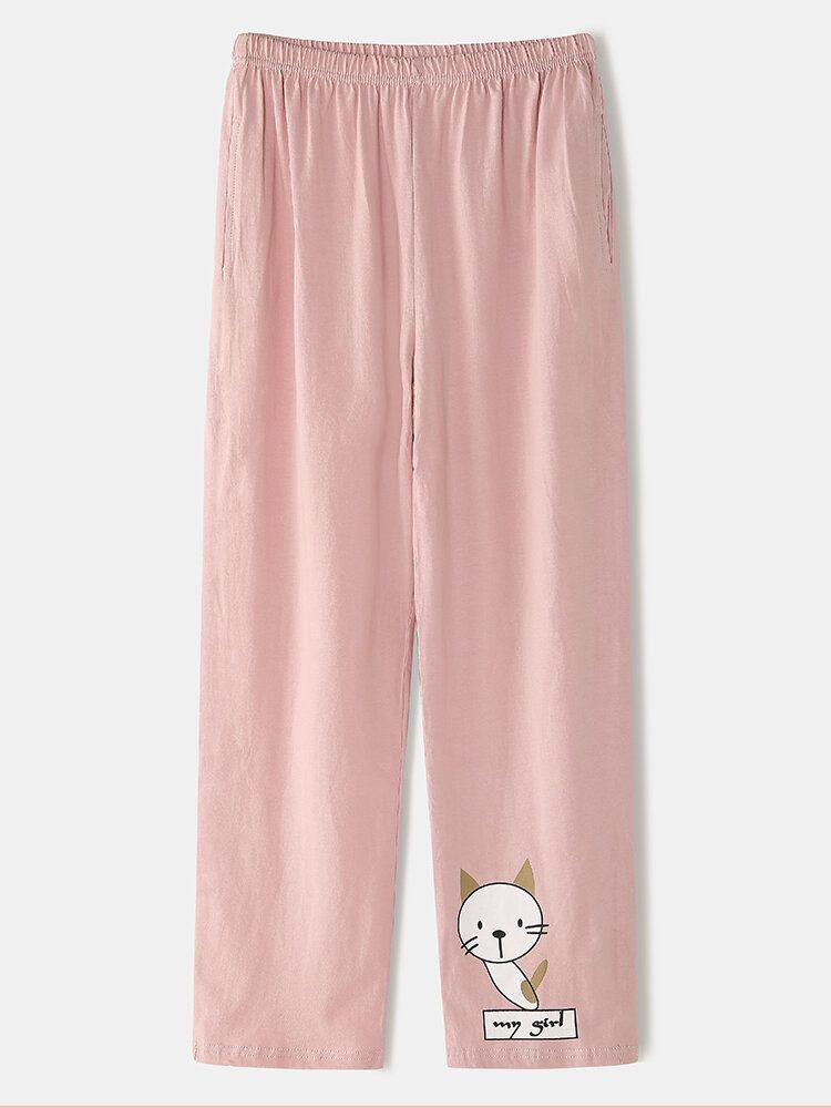 Femmes Dessin Animé Chat Imprimé À Manches Longues Pull Taille Élastique Poche Pantalon Rose Maison Pyjama Ensemble