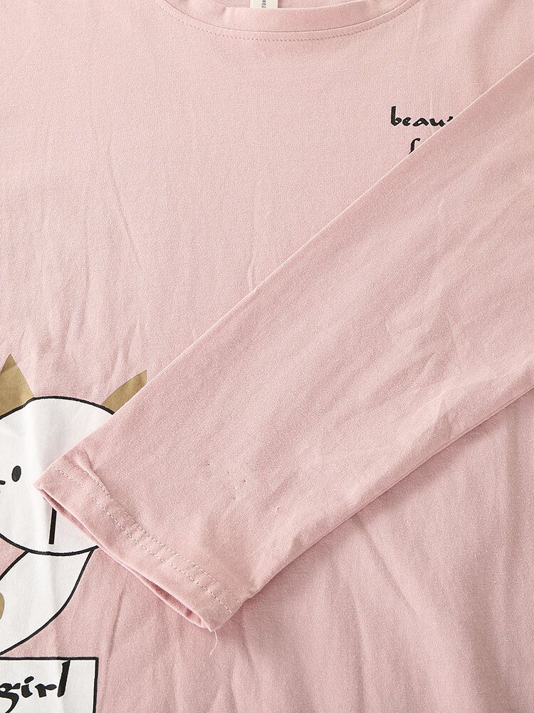 Femmes Dessin Animé Chat Imprimé À Manches Longues Pull Taille Élastique Poche Pantalon Rose Maison Pyjama Ensemble